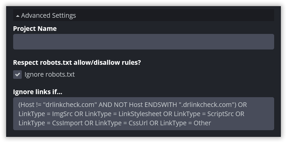 Screenshot: Advanced project settings