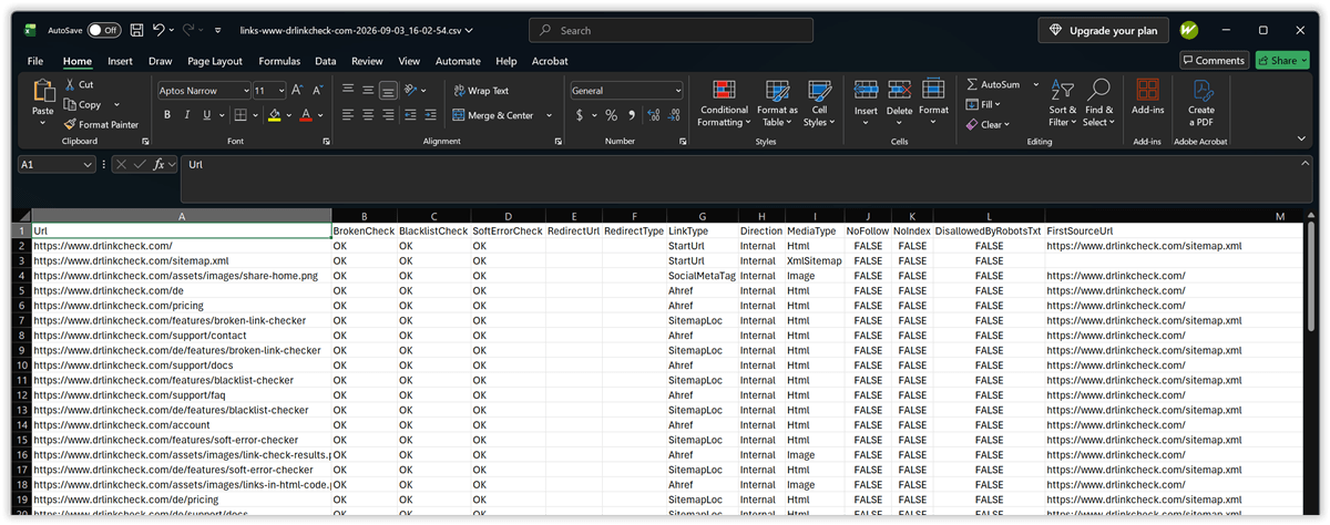 Screenshot: CSV export in Excel