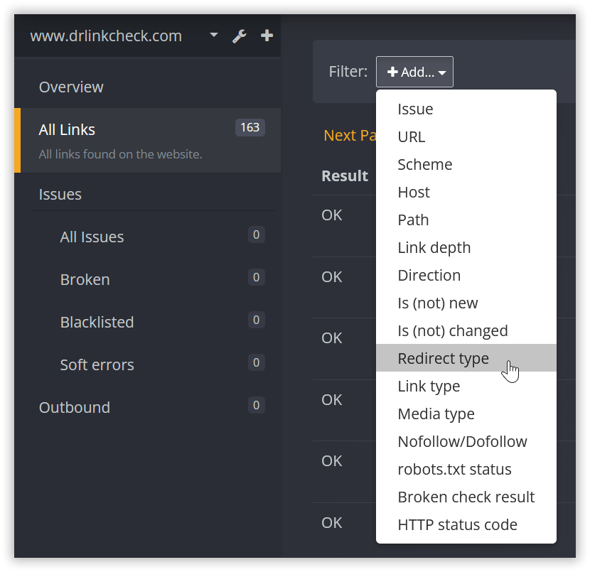 Screenshot: Filter drop-down