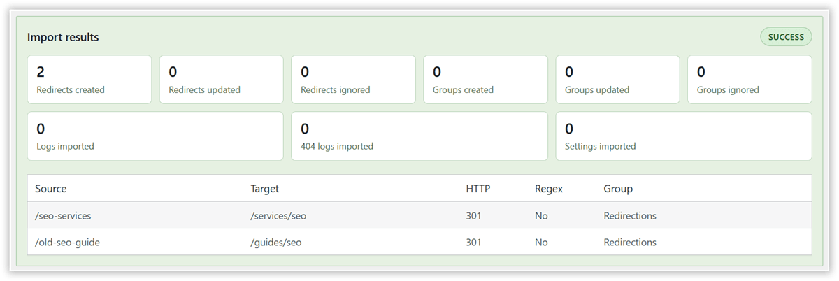 Screenshot: Redirection import